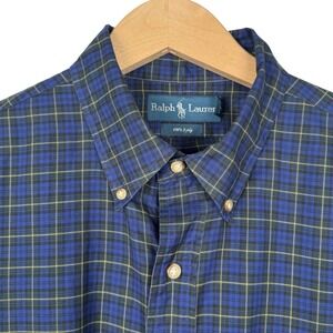 Ralph Lauren Mens XL Blue Plaid 120's 2-ply Cotton Button Down Long Sleeve Shirt